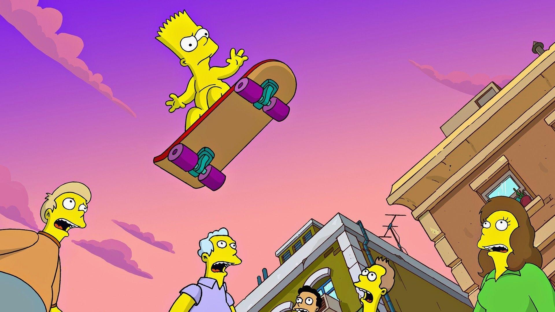 Bart Simpson, Skateboard, Sprung, Lila Himmel, Springfield, Full HD, Breitbild-Hintergrundbild