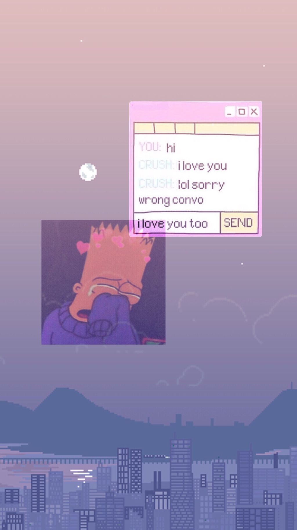 Bart Simpson, Chatfenster, Pastell, Stadt, Vaporwave, HD, Handy-Hintergrund im Hochformat