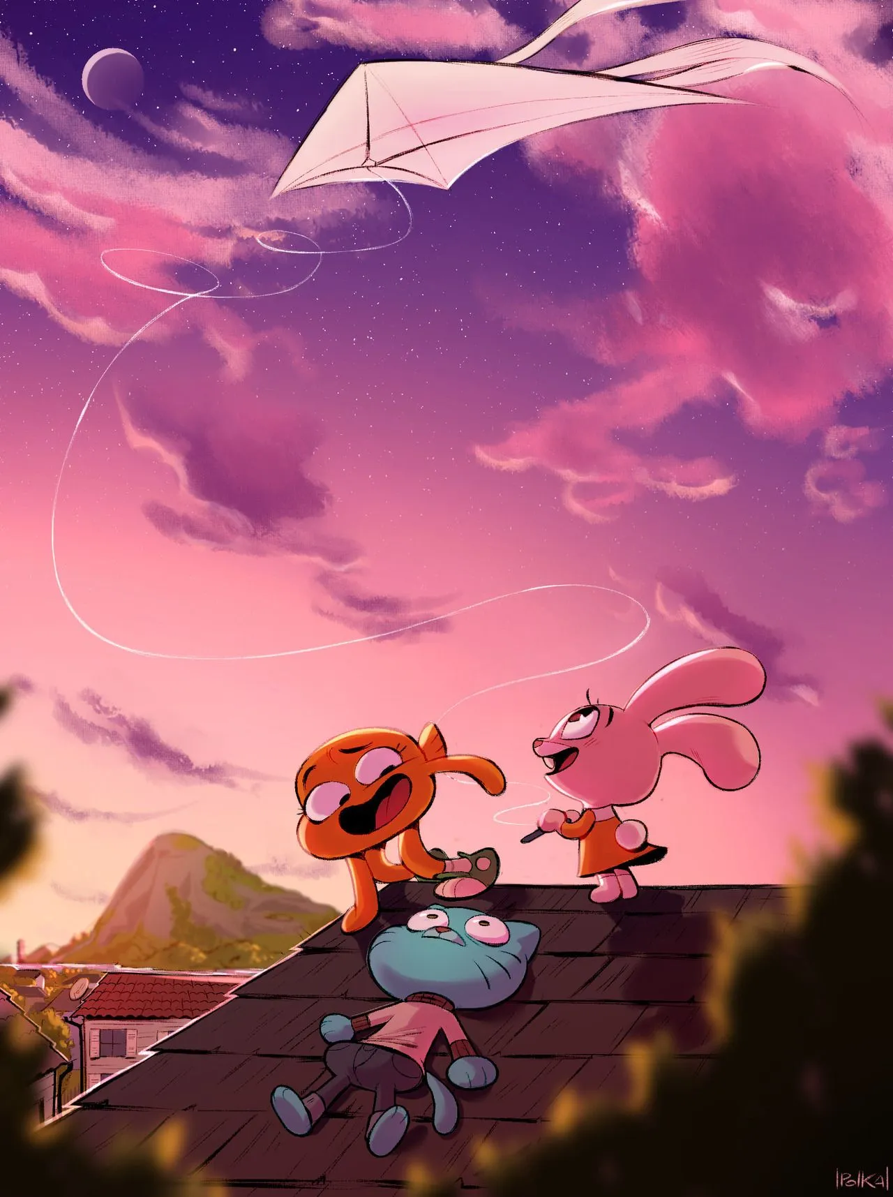 Gumball Watterson, Darwin Watterson, Anais Watterson, Papierflieger, Hausdach, Rosa Himmel, iPad-Hintergrundbild