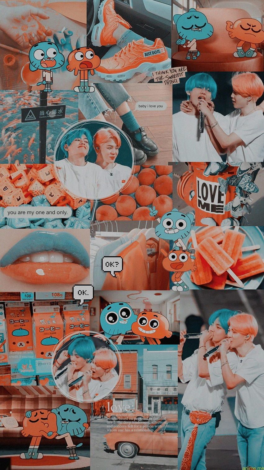 Gumball Watterson, Darwin Watterson, Collage, Orange-Türkis, Ästhetik, Hochformat, Smartphone-Hintergrund