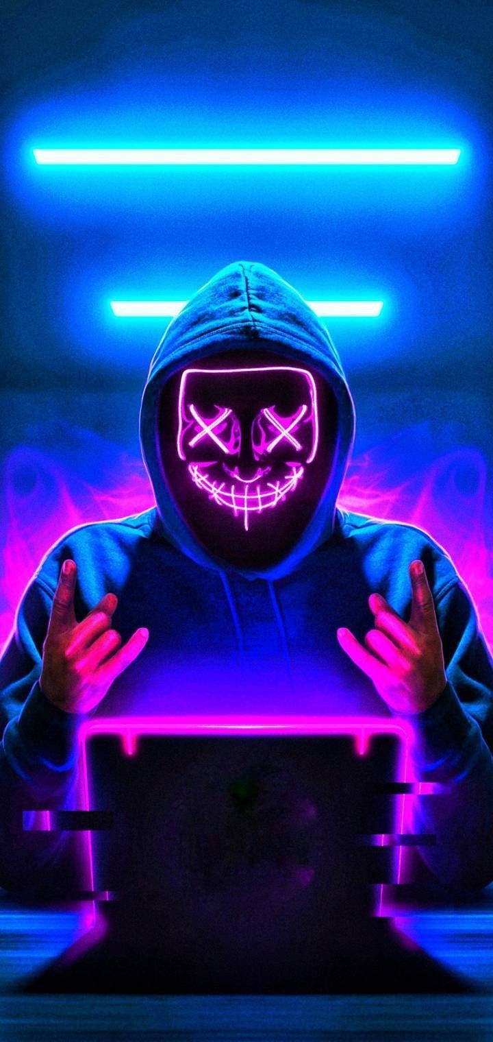 Neonmaske, The Purge, Hacker, Kapuzenpulli, Neonlicht, HD, Hintergrundbild fürs Handy