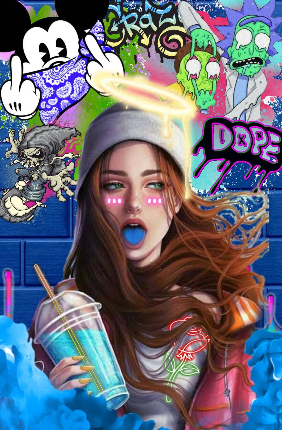 Micky Maus, Frau, Blaue Lippen, Mütze, Getränkebecher, Comic-Stil, Pop-Art, Full HD, Handy-Hintergrundbild