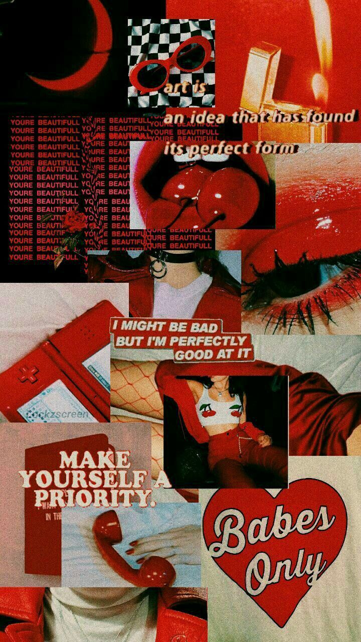 Collage, Rote Ästhetik, Lippen, Zitate, Herz, Retro, HD, Hintergrundbild fürs Handy