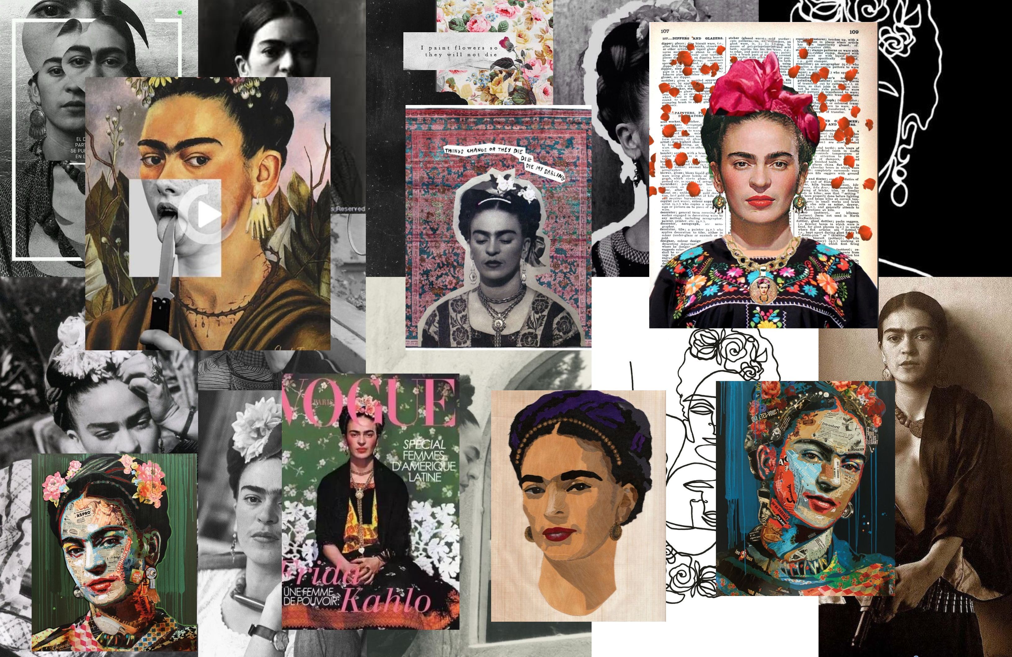 Frida Kahlo, Collage, Schwarzweiß, Porträts, Vintage, 2K, Hintergrundbild für den PC