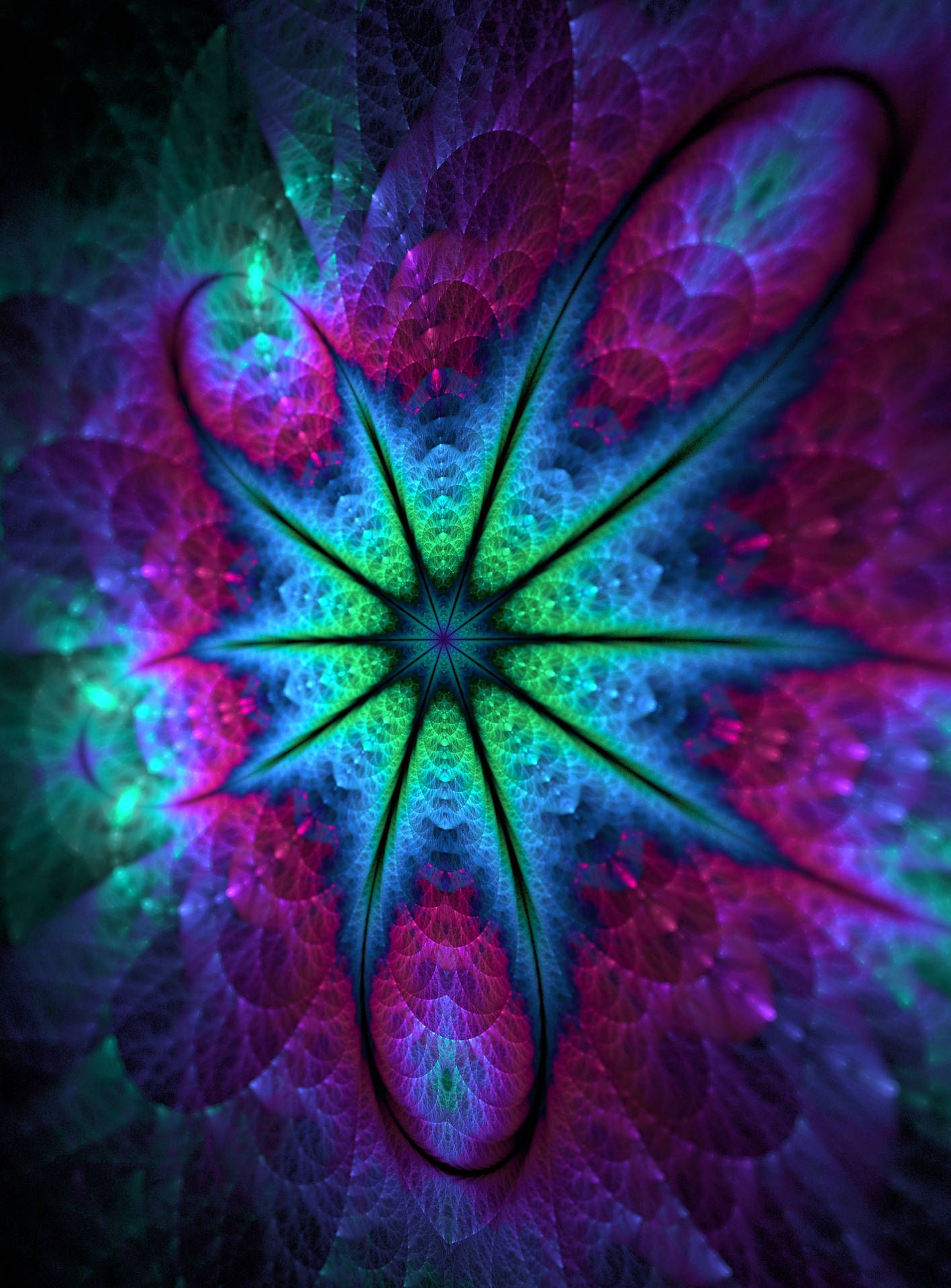 Fraktaler Stern, Kaleidoskop, Türkis, Lila, Symmetrie, Hintergrundbild für iPad und Tablet