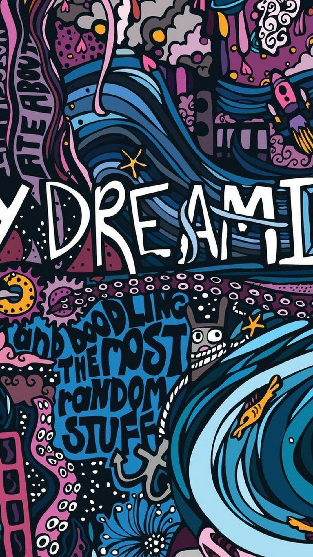 Dream, Schriftzug, Doodle-Kunst, Blau, Welle, Handlettering, Full HD, iPhone-Hintergrundbild