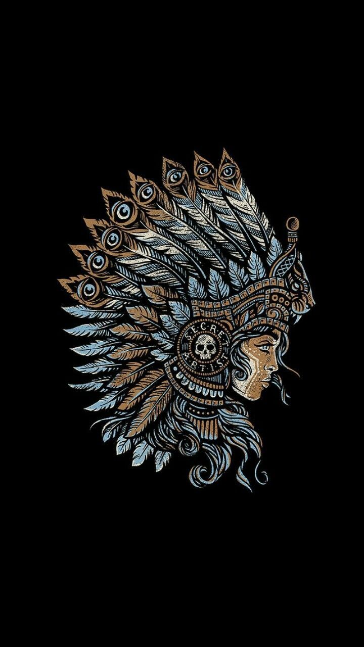 Indianerkopfschmuck, Federhaube, Frau, Zeichnung, Schwarzer Hintergrund, Sperrbildschirm fürs iPhone