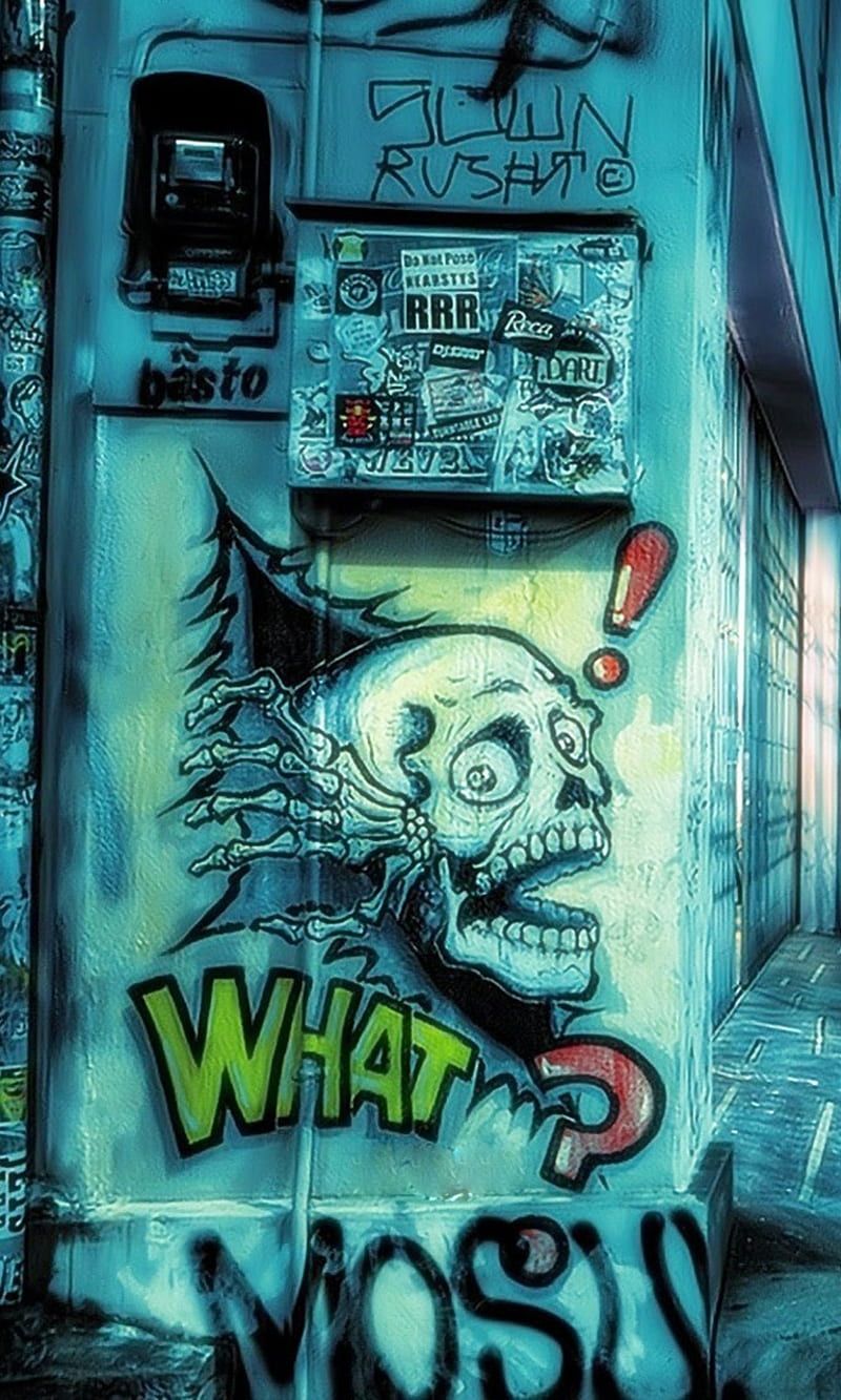 Totenkopf, What, Türkis, Wandmalerei, Streetart, HD, Sperrbildschirm fürs iPhone
