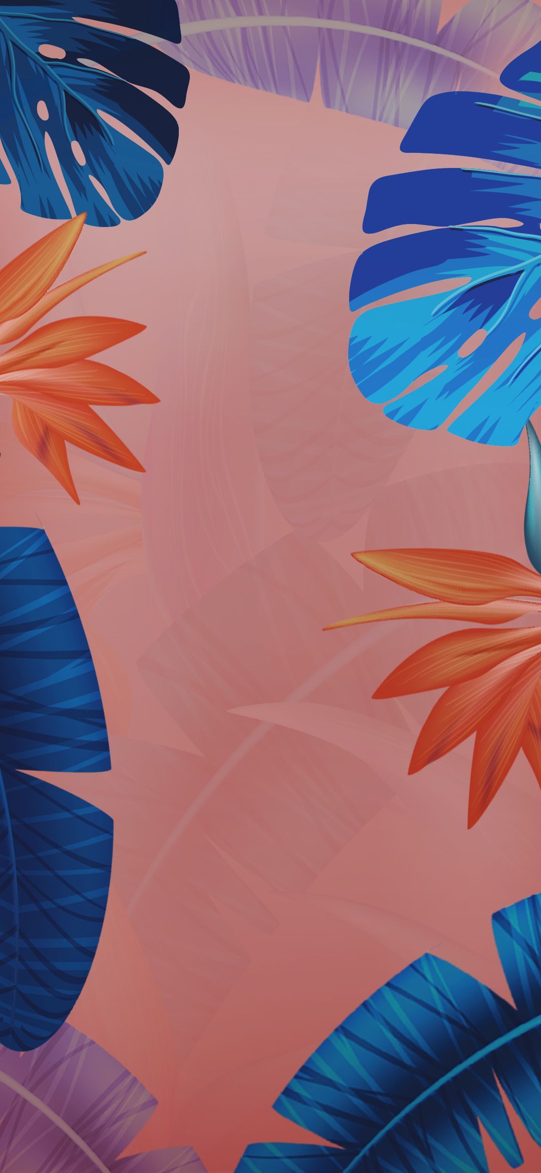 Tropische Blätter, Blau, Orange, Rosa, Full HD, Handy-Hintergrund im Hochformat