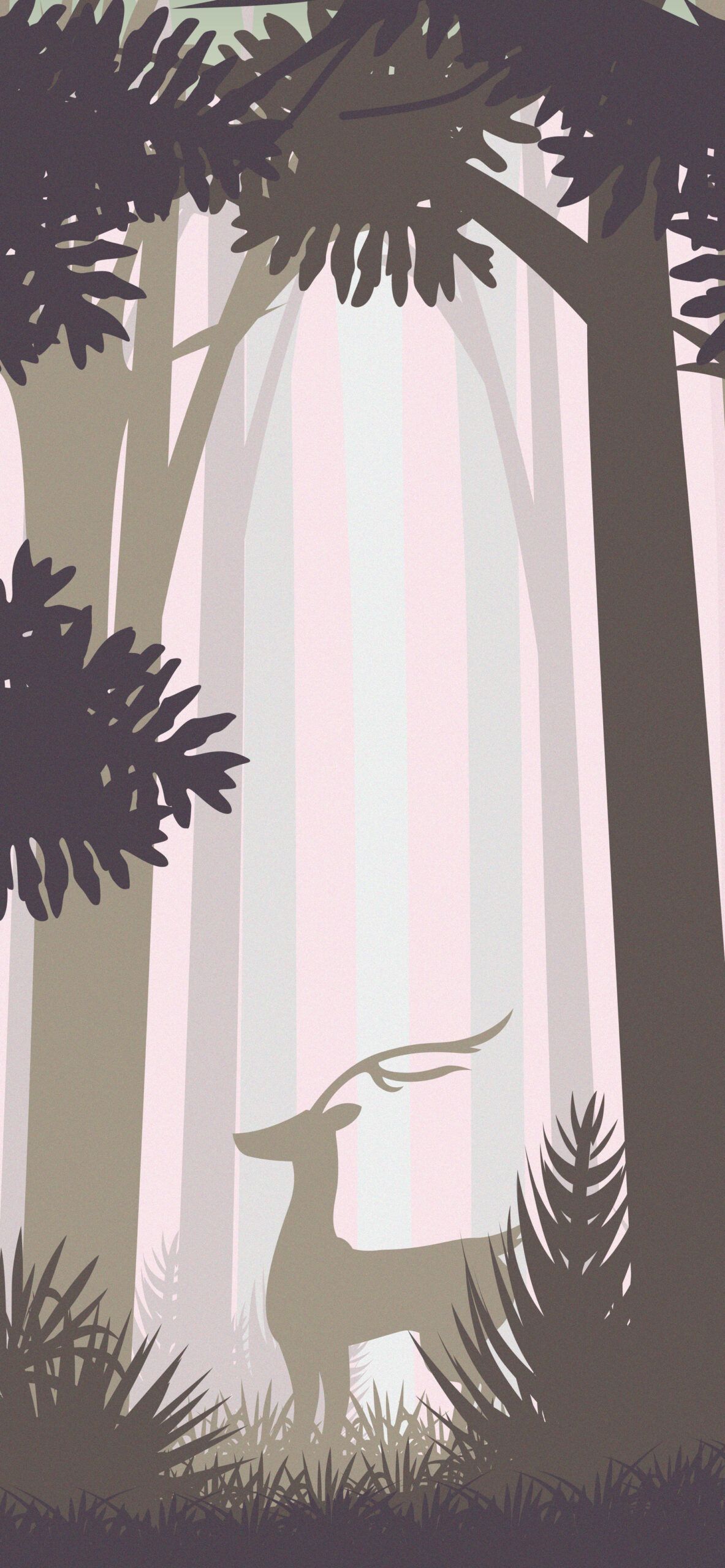 Wald, Hirsch, Flache Illustration, Gedämpfte Farben, Full HD, Hintergrundbild fürs Handy