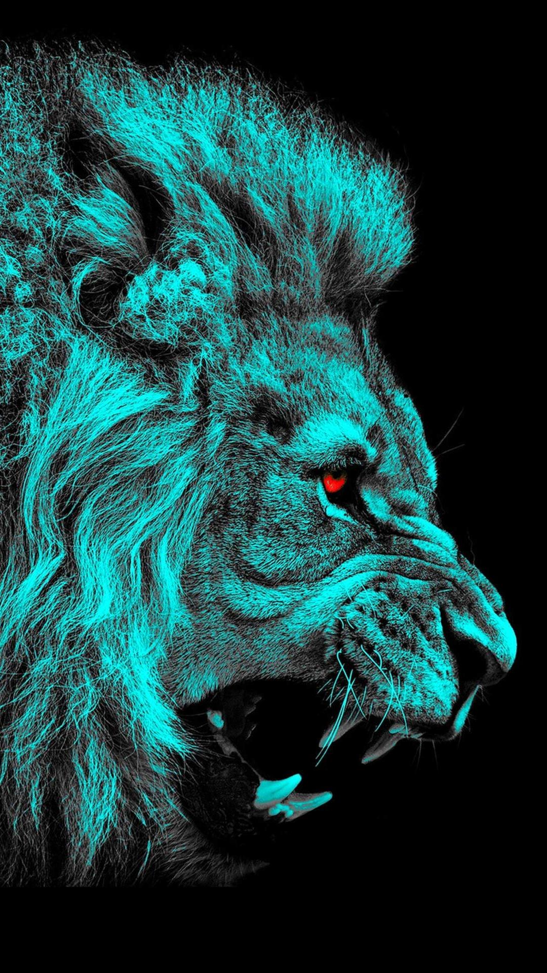 Löwe, Brüllen, Türkis, Schwarzer Hintergrund, Digitale Kunst, Sperrbildschirm fürs iPhone