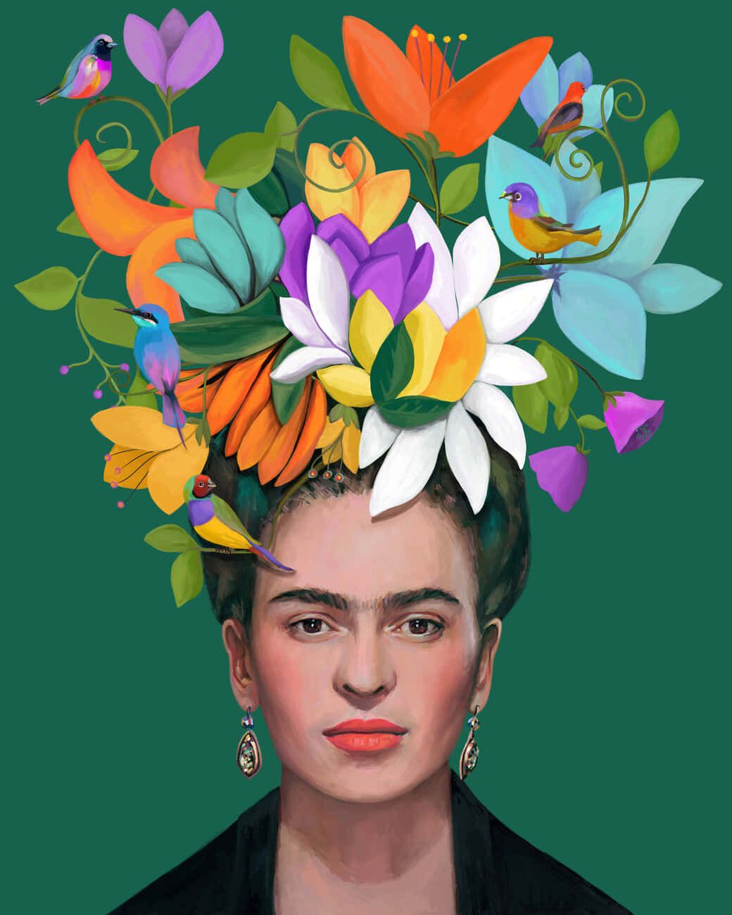 Frida Kahlo, Blumenkrone, Digitale Malerei, Dunkelgrün, Bunte Blüten, HD, Tablet-Hintergrund