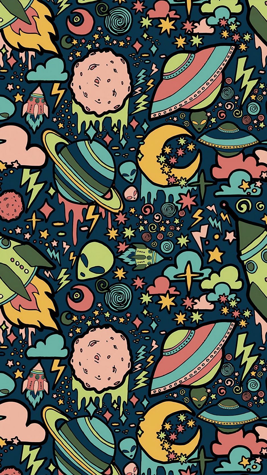 Weltraum, Planeten, Mond, Muster, Dunkelblau, Illustration, HD, Handy-Hintergrundbild