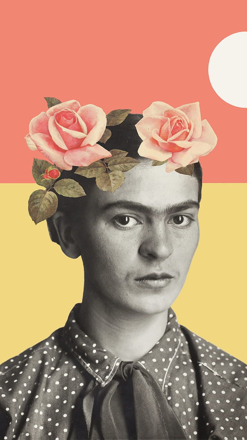Frida Kahlo, Schwarzweißfoto, Rosen, Collage, Pastell, HD, Hintergrundbild fürs Handy