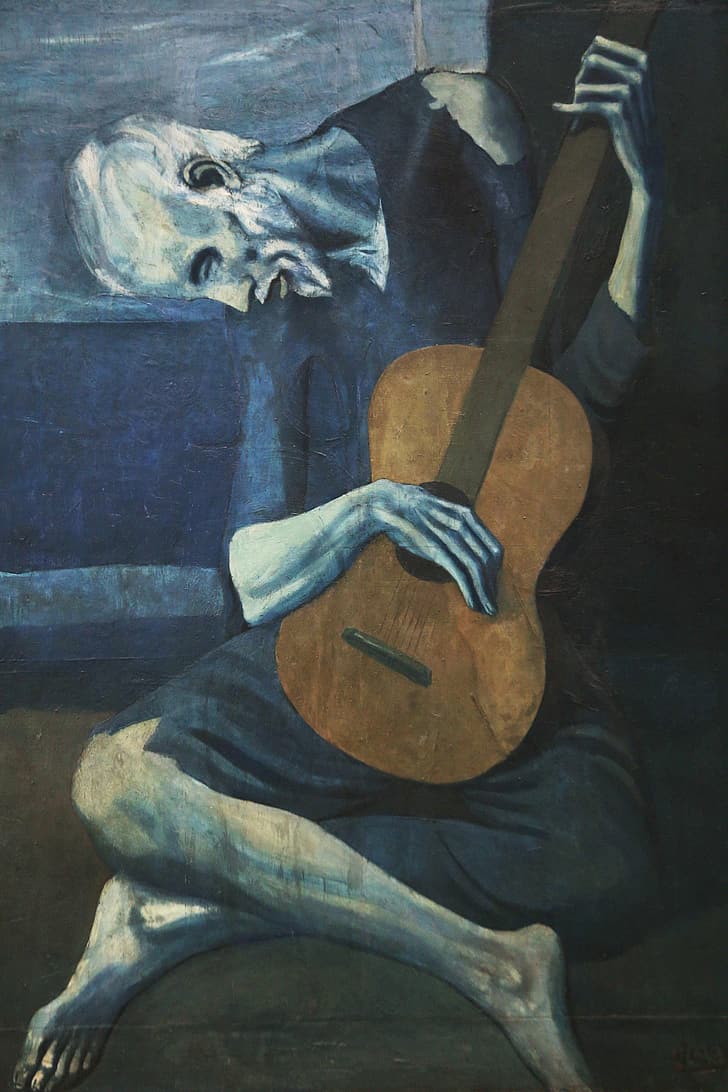 Der alte Gitarrist, Pablo Picasso, Blaue Periode, Gitarre, Blau, Hintergrundbild fürs Handy