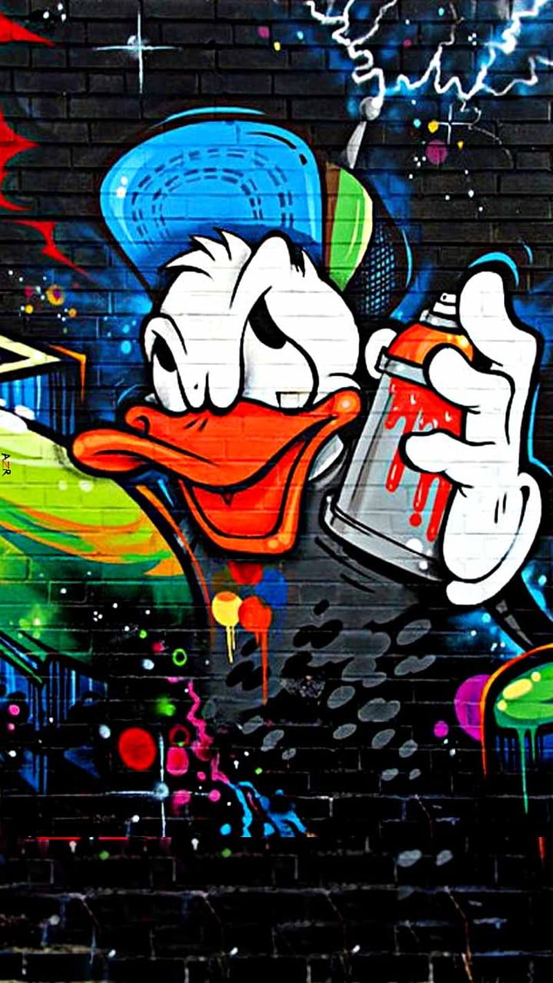 Donald Duck, Spraydose, Ziegelwand, Bunt, Streetart, HD, Handy-Hintergrund im Hochformat