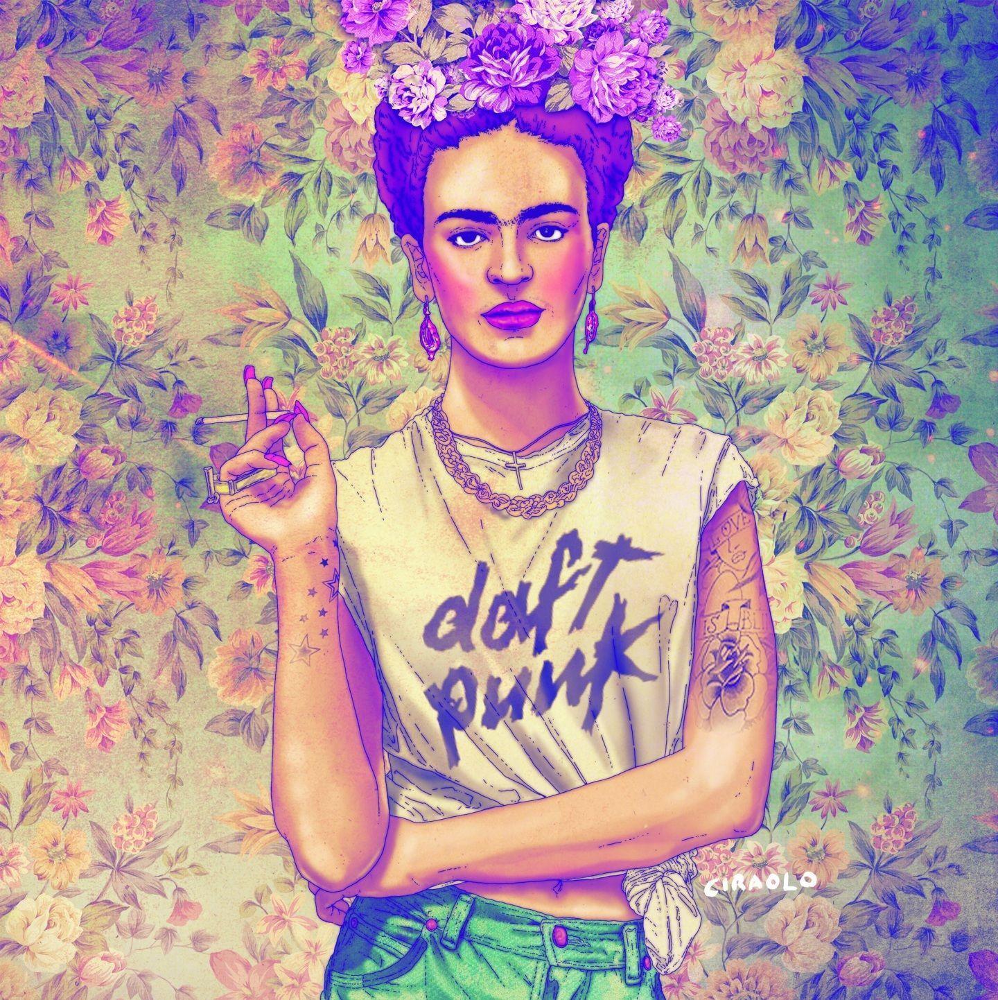 Frida Kahlo, Daft Punk, T-Shirt, Blumenmuster, Illustration, Hintergrundbild fürs iPad