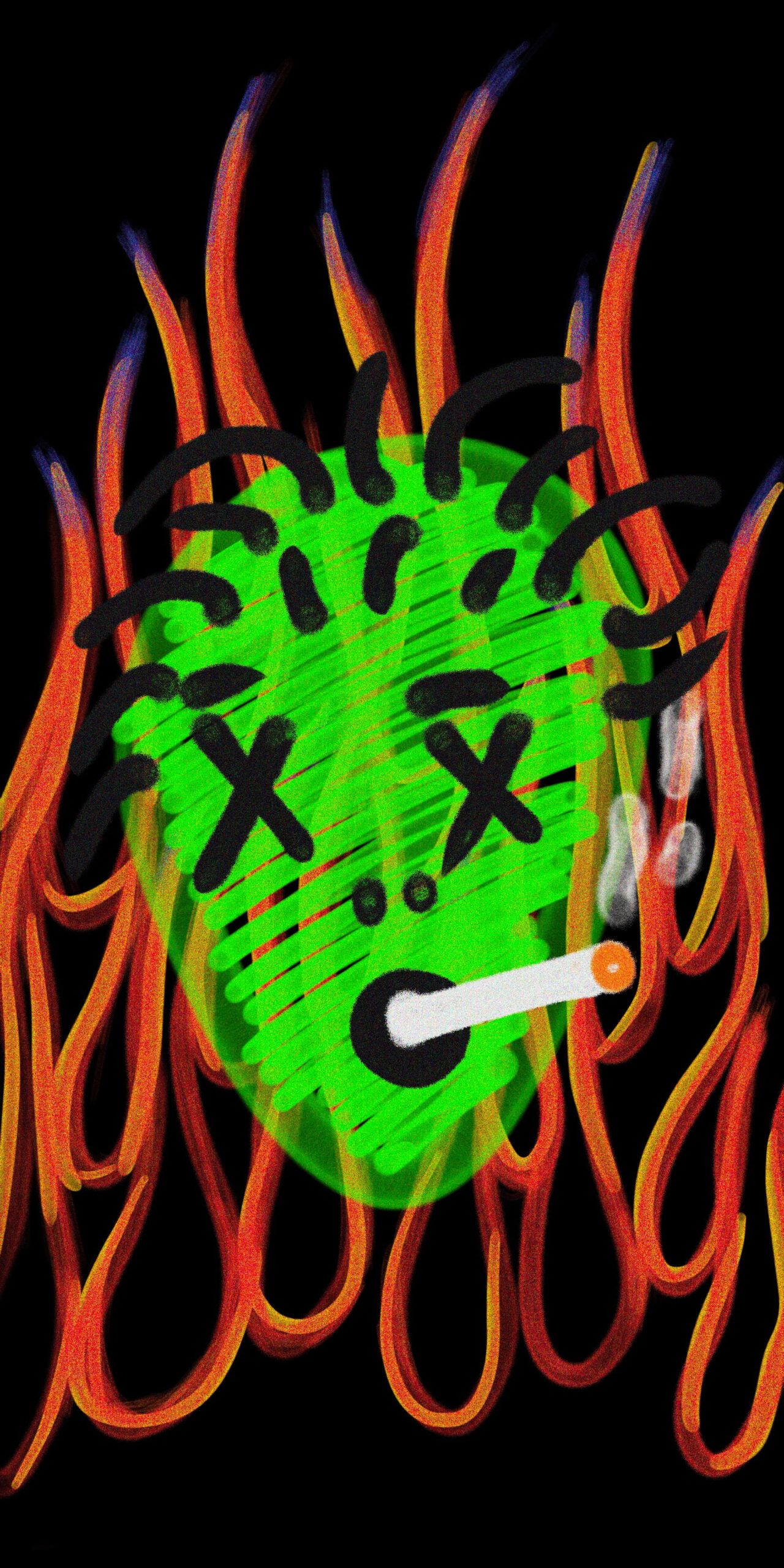 Grüner Kopf, Flammen, Zigarette, Schwarzer Hintergrund, Comic-Stil, Sperrbildschirm fürs iPhone