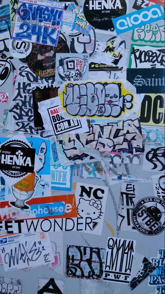Sticker, Aufkleber-Collage, Schwarz-Weiß, Blau, Logos, Hochformat, Hintergrundbild fürs Smartphone
