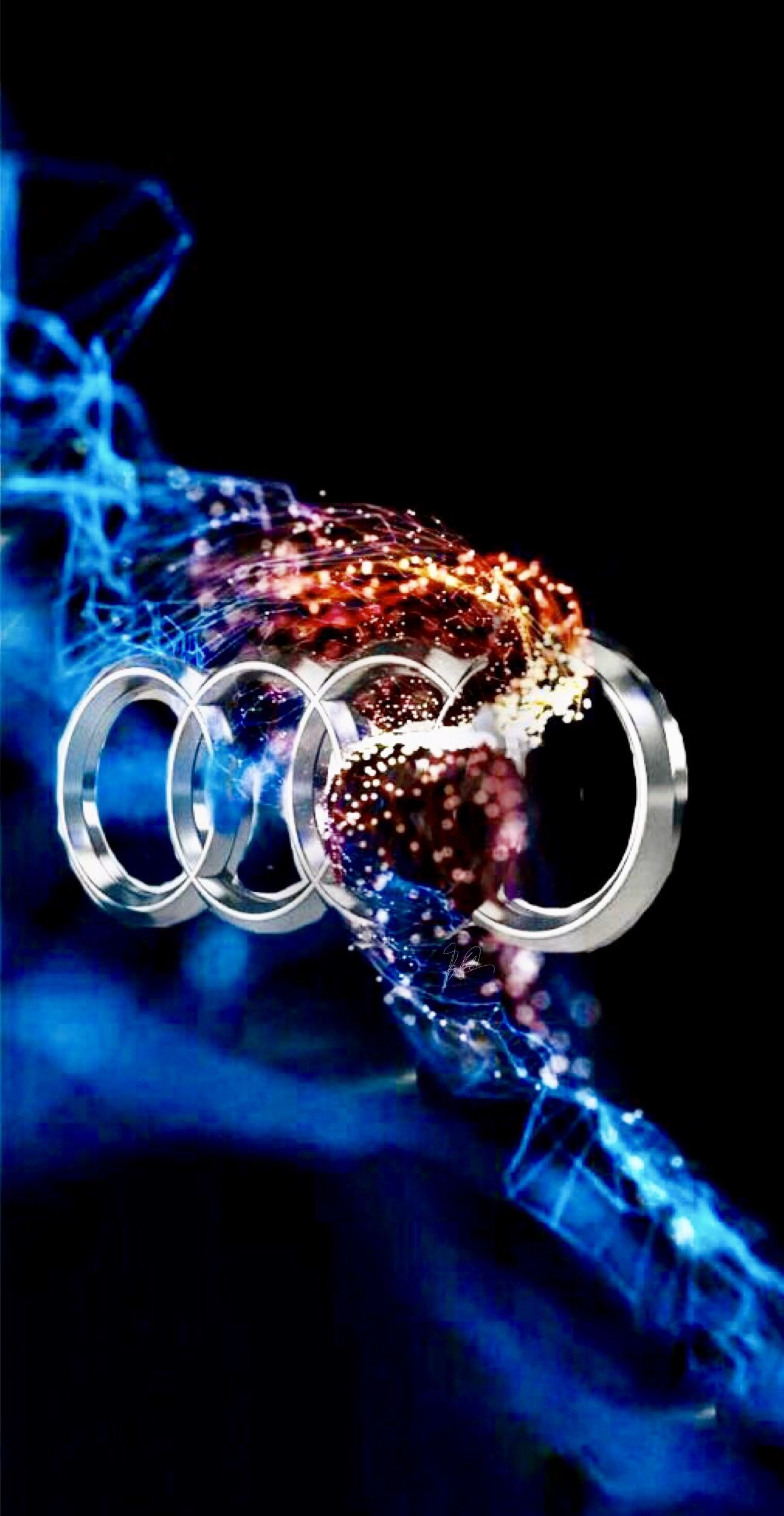 Audi, Audi-Logo, Vier Ringe, Blaues Feuer, Flammen, Schwarzer Hintergrund, Sperrbildschirm fürs iPhone
