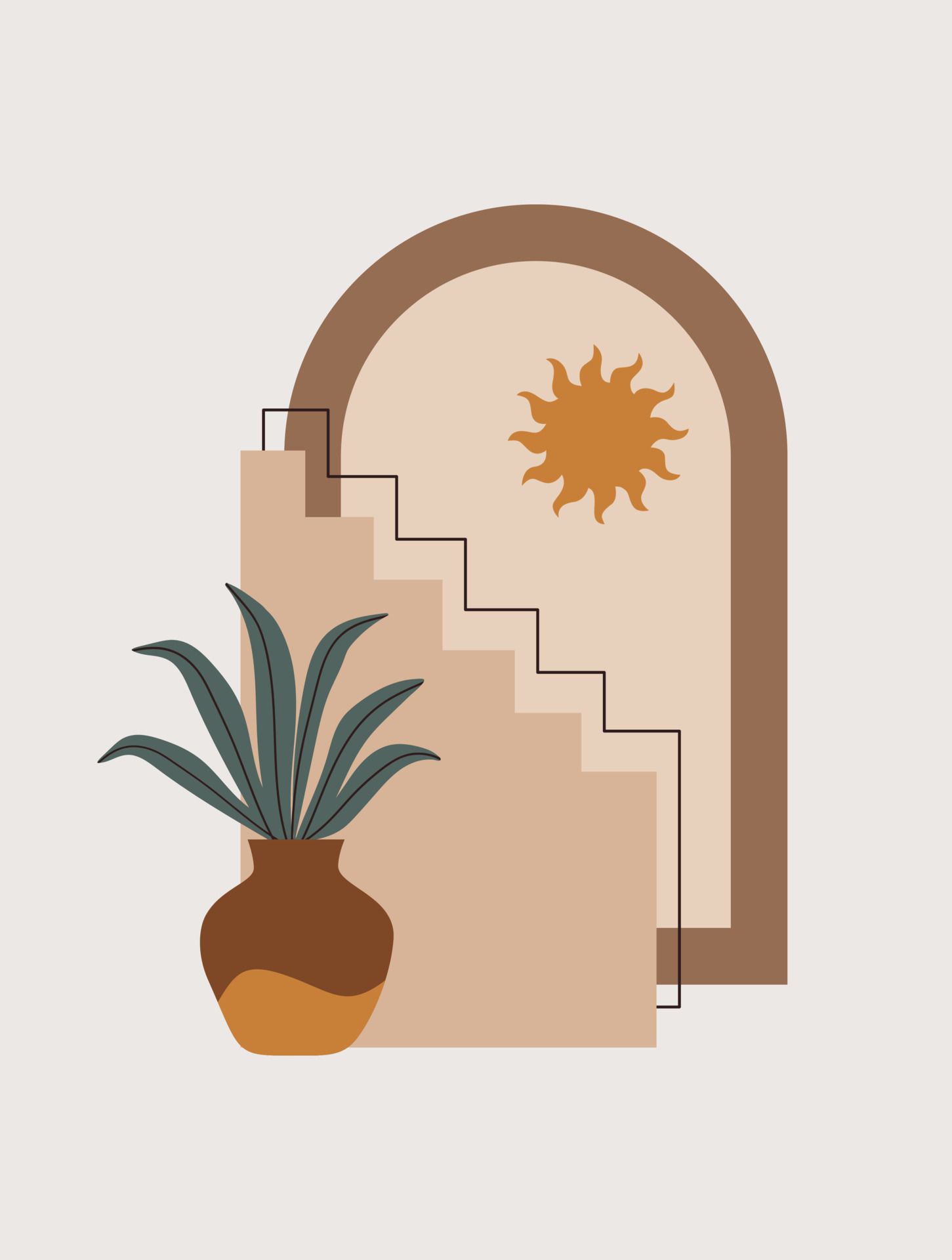 Boho, Torbogen, Treppe, Topfpflanze, Sonne, Erdtöne, Hintergrundbild für iPad und Tablet