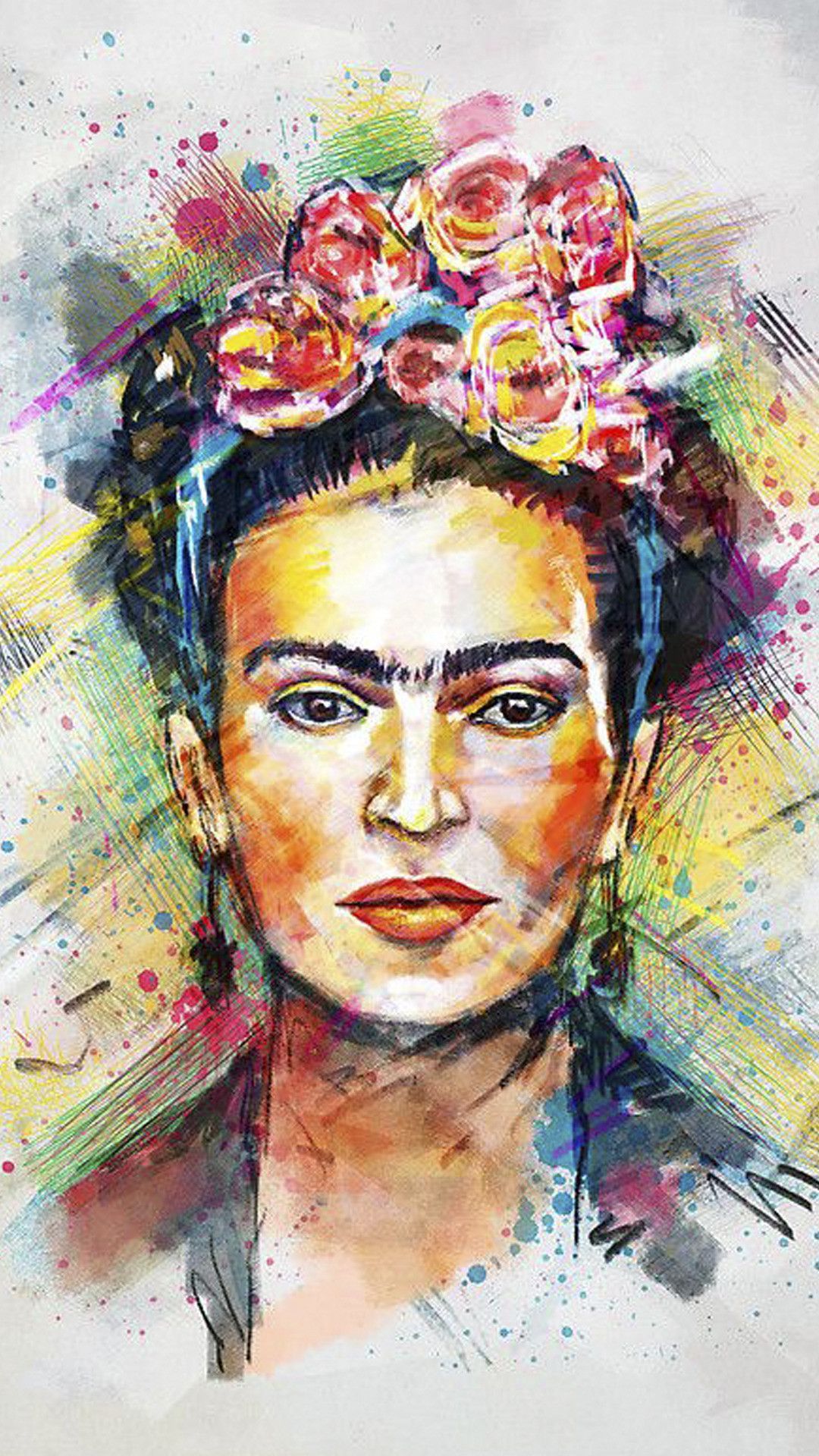 Frida Kahlo, Aquarell, Porträt, Blumenkranz, Bunt, Full HD, Hintergrundbild fürs Handy
