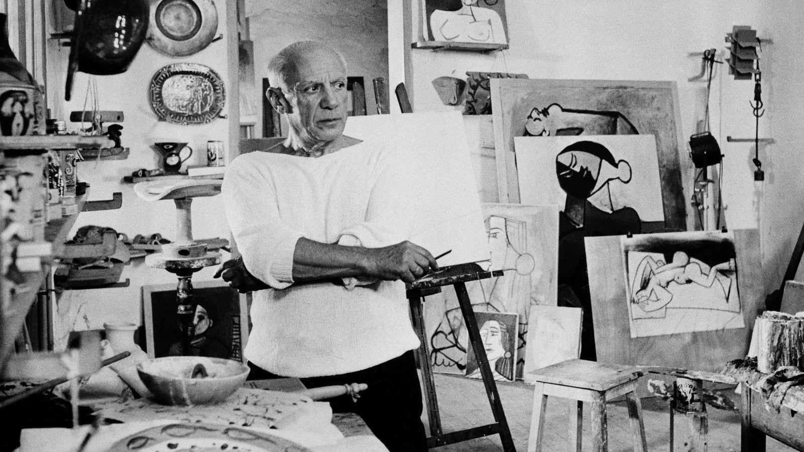 Pablo Picasso, Atelier, Maler, Schwarz-Weiß, Gemälde, HD, Hintergrundbild für den PC