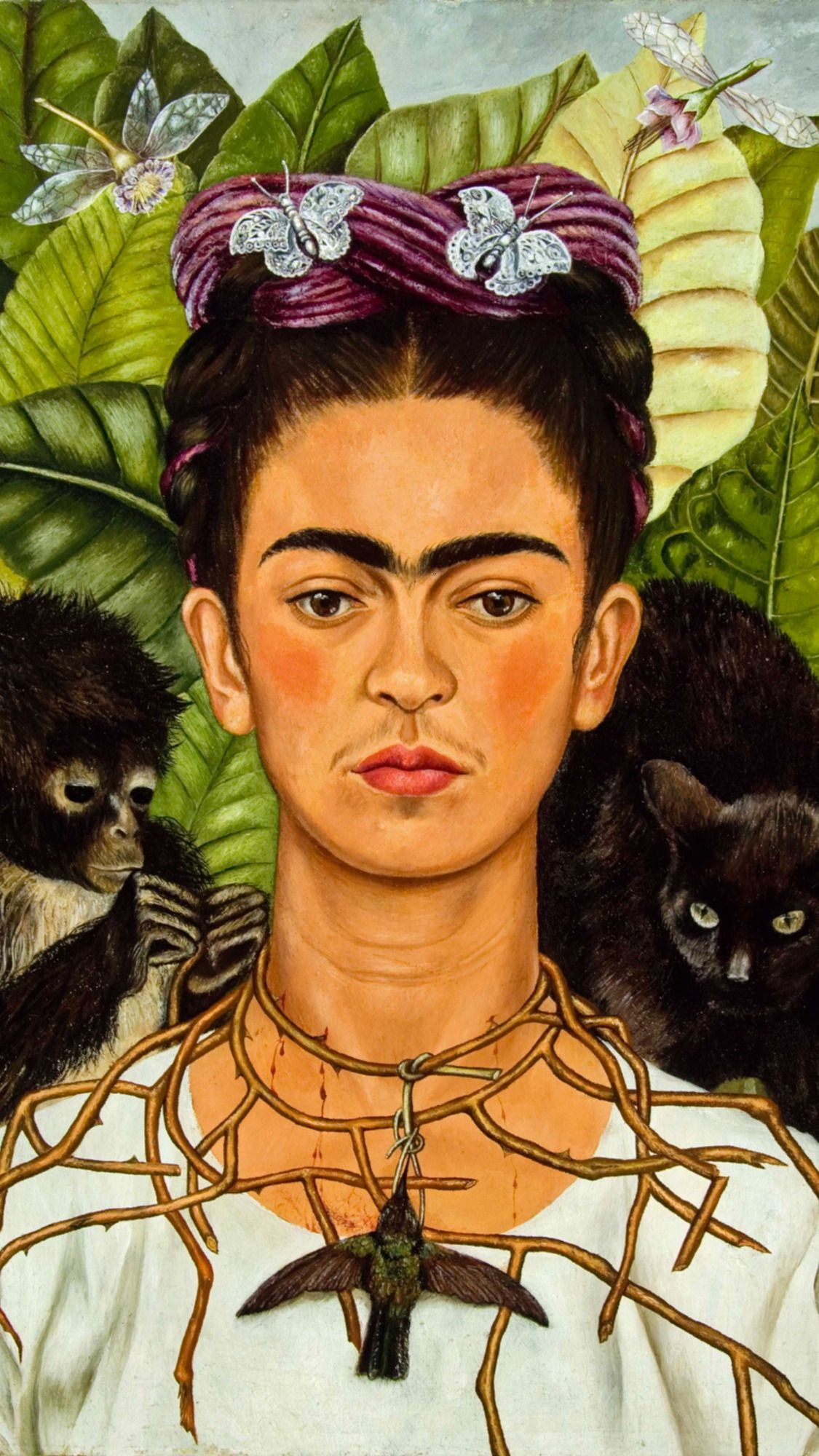 Selbstbildnis mit Dornenhalsband und Kolibri, Frida Kahlo, Gemälde, Affe, Katze, Kolibri, Hochformat-Hintergrundbild