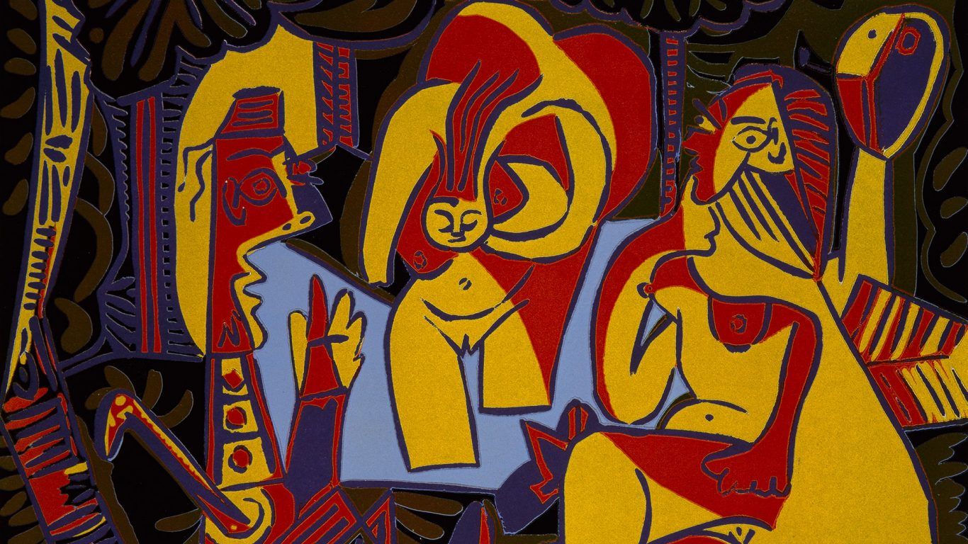 Pablo Picasso, Kubismus, Figuren, Rot, Gelb, Abstrakte Kunst, HD-Hintergrundbild für PC