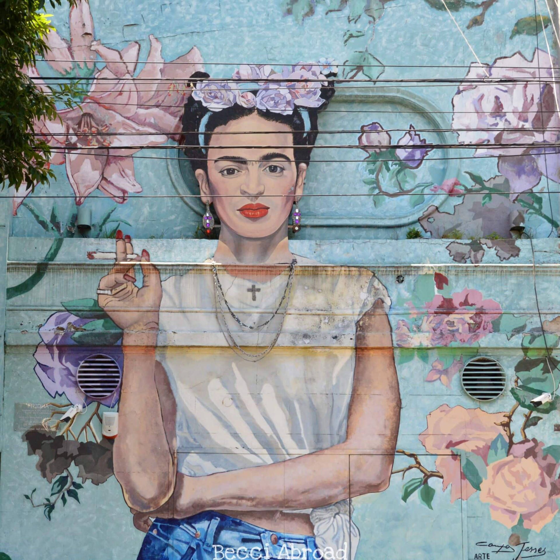 Frida Kahlo, Wandbild, Street Art, Blumen, Pastell, Full HD, Hintergrundbild fürs Tablet