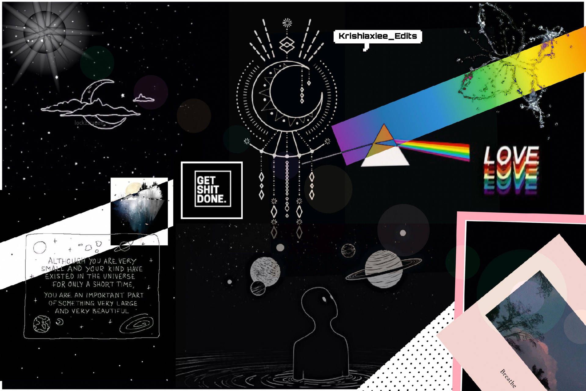 The Dark Side of the Moon, Pink Floyd, Prisma, Regenbogen, Collage, Weltraum, Schwarz, Full-HD-Hintergrundbild