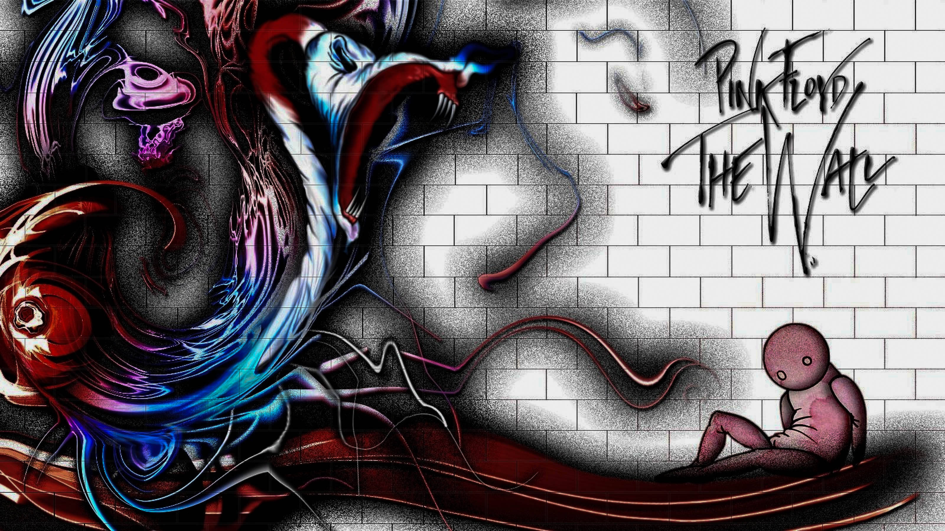 Pink Floyd, The Wall, Ziegelwand, Gesicht, Rot-Weiß, Wandmalerei, 2K-Hintergrundbild für PC