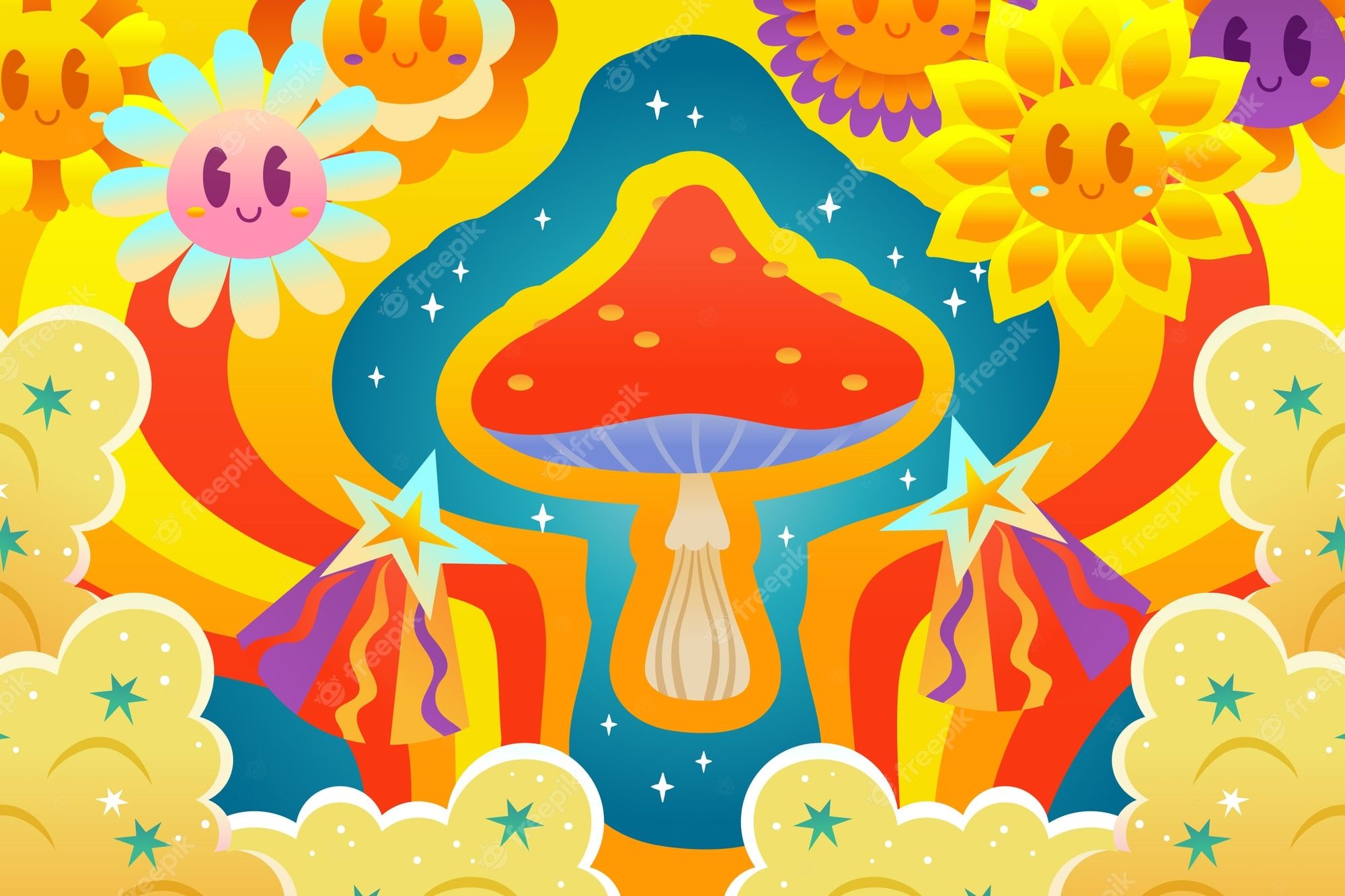 Fliegenpilz, Psychedelisch, Sonnenblumen, Retro, Groovy, Bunt, Full HD, Laptop-Hintergrundbild