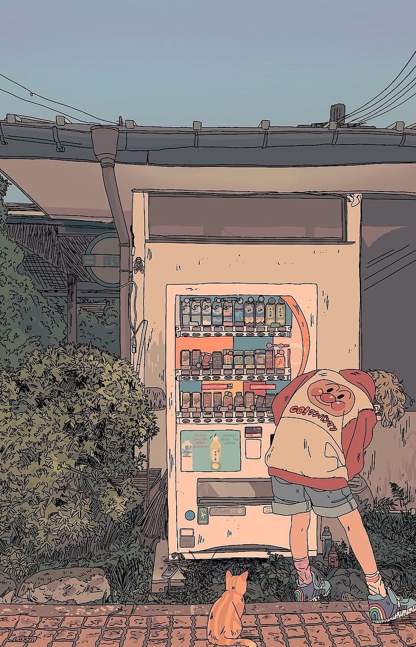 Getränkeautomat, Anime-Mädchen, Japan, Straße, Pastell, HD, Handy-Hintergrund im Hochformat