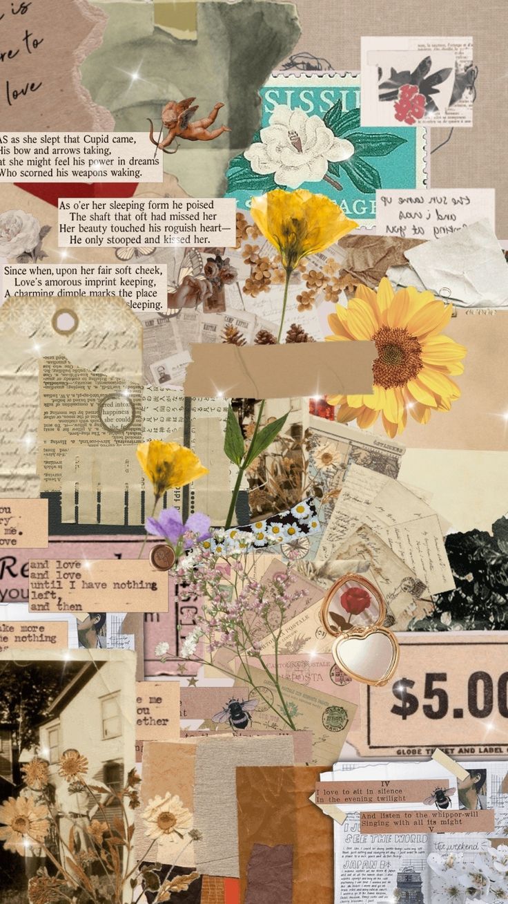 Collage, Sonnenblumen, Vintage, Scrapbook, Ästhetik, HD, Handy-Hintergrund im Hochformat
