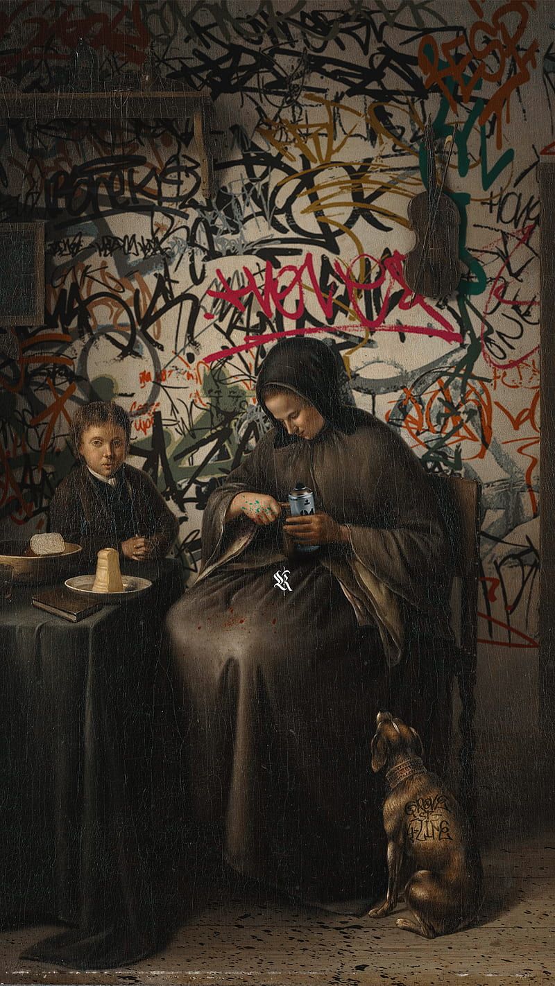 Gemälde, Personen am Tisch, Hund, Bemalte Wand, Dunkel, Tags, Hintergrundbild fürs Handy