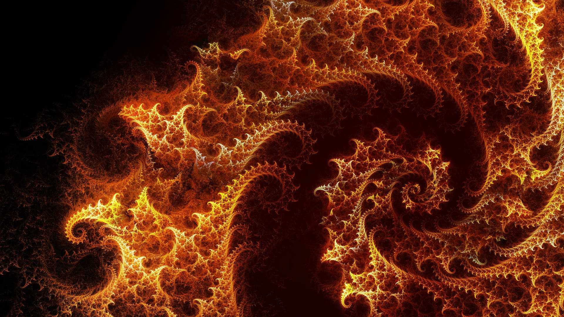 Fraktal, Feuer, Orange, Spiralen, Schwarzer Hintergrund, Full HD Wallpaper