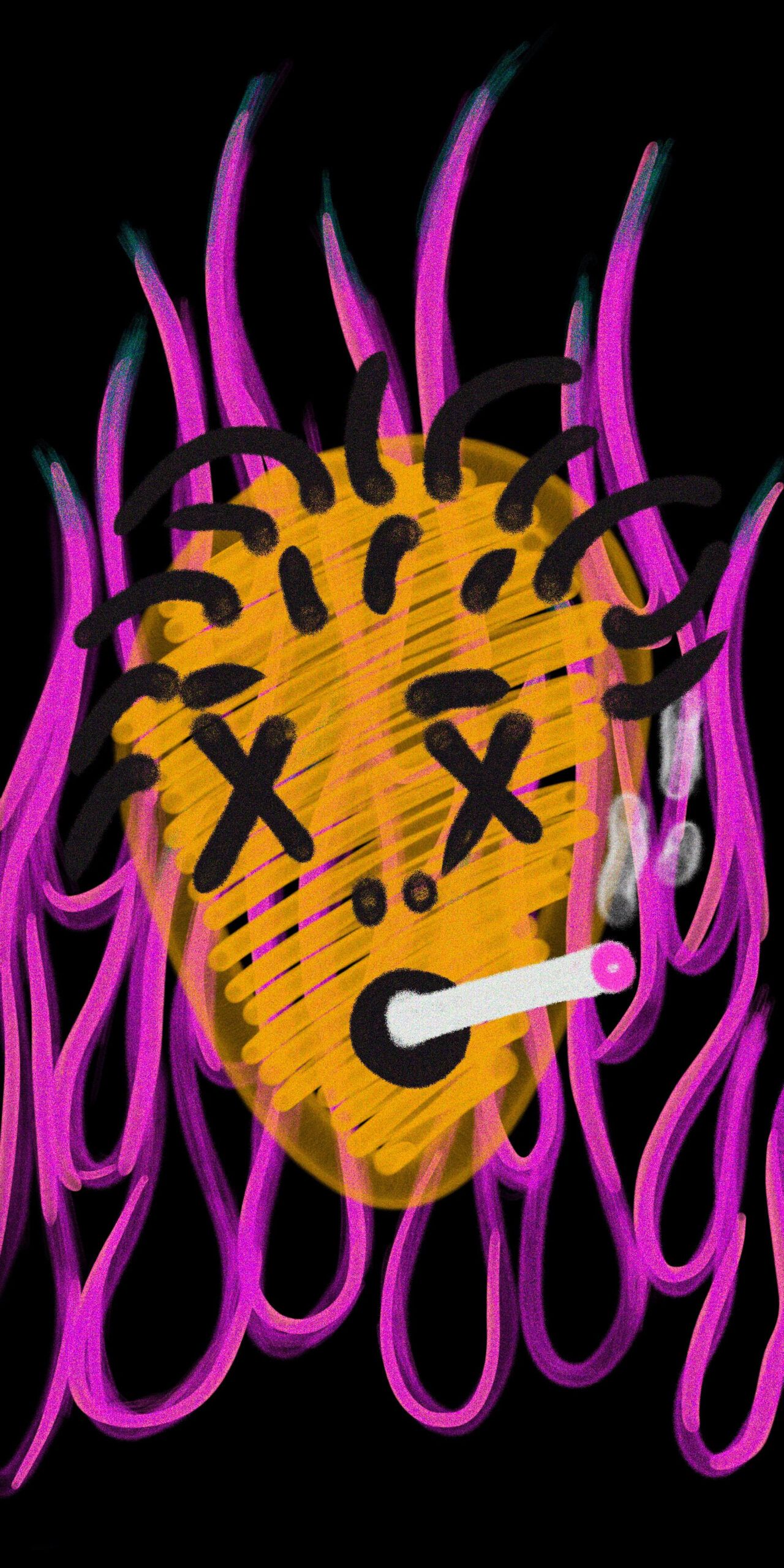 Gesicht, Pinke Flammen, Gelb, Schwarzer Hintergrund, Comic-Stil, Sperrbildschirm fürs iPhone