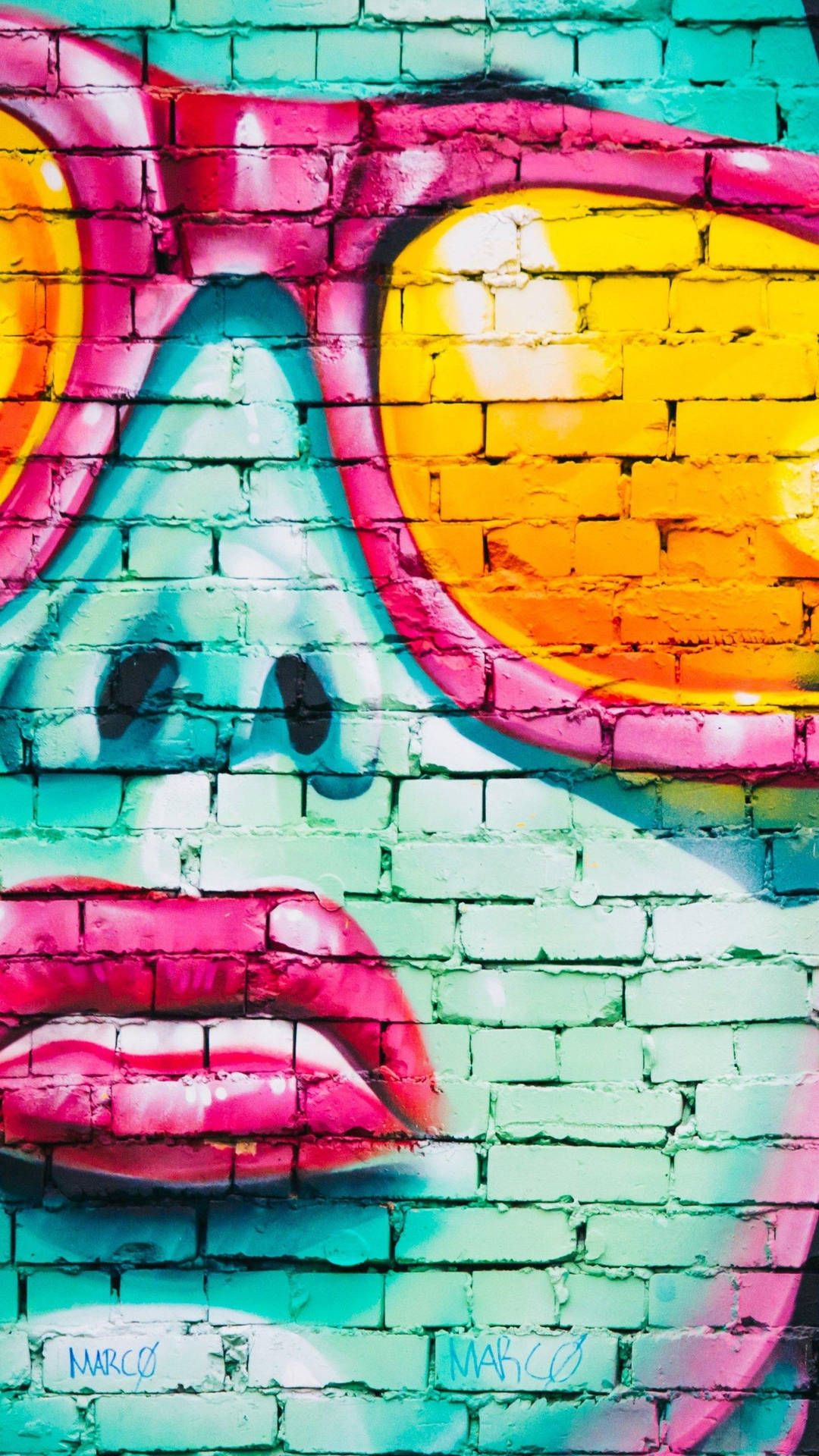 Frauengesicht, Sonnenbrille, Rosa Lippen, Ziegelwand, Pop-Art, 1080x1920, Handy-Hintergrund