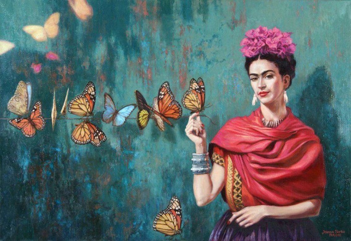 Frida Kahlo, Monarchfalter, Schmetterlinge, Rotes Tuch, Gemälde, Türkis, Hintergrundbild