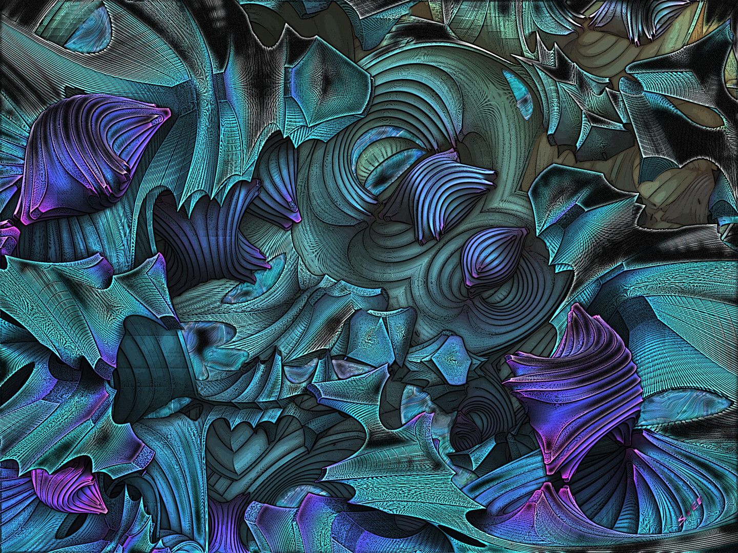 Fraktal, 3D, Türkis, Lila, Organische Formen, HD, Hintergrundbild fürs Tablet