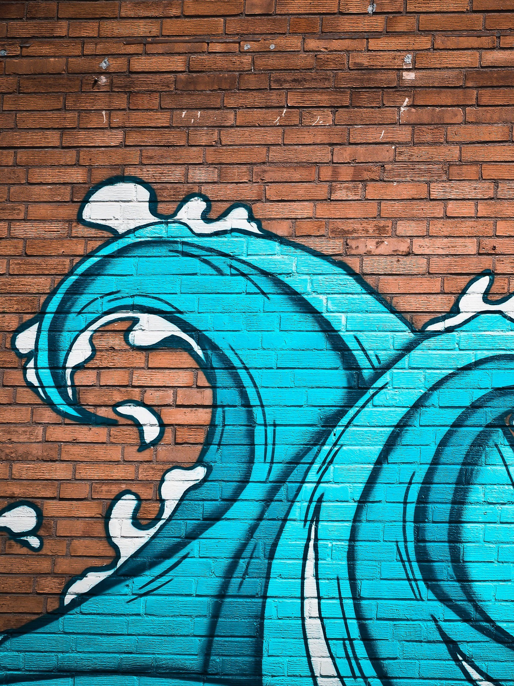 Welle, Ziegelwand, Türkis, Wandmalerei, Japanischer Stil, QHD+, iPad-Hintergrundbild