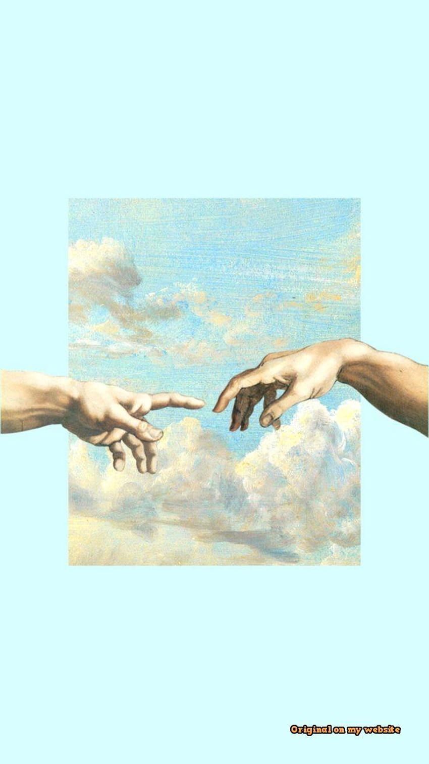 Die Erschaffung Adams, Michelangelo, Hände, Wolken, Hellblau, Minimalistisch, Handy-Hintergrund