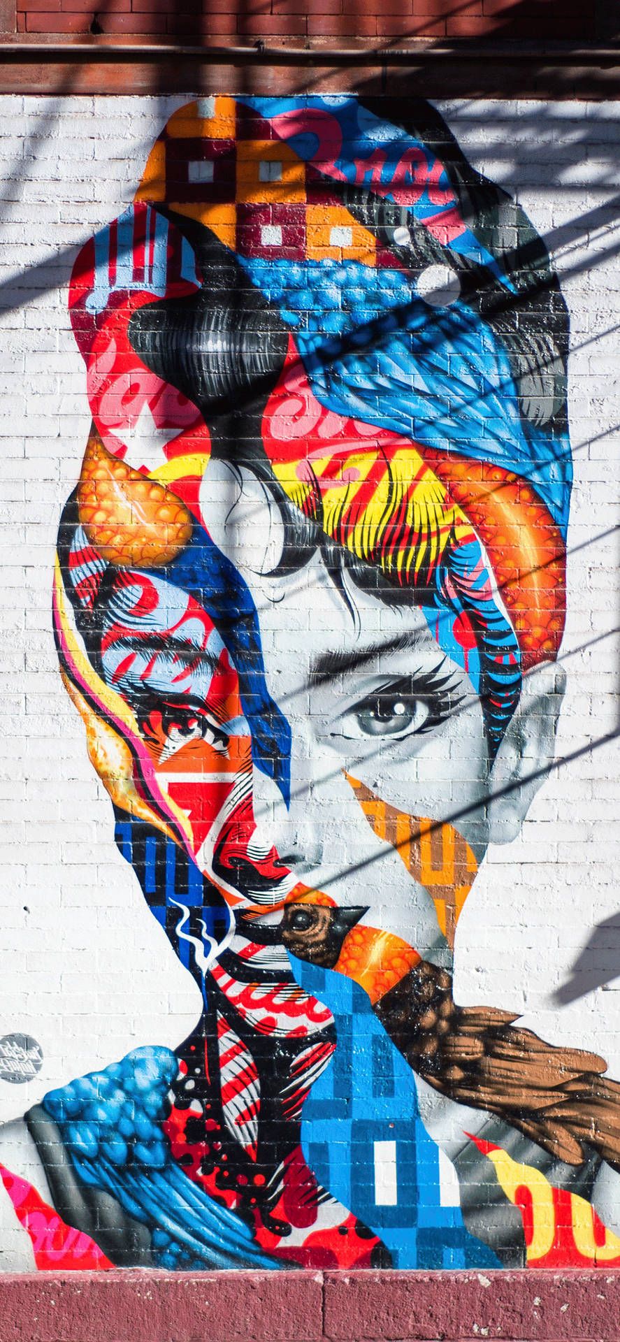 Frauenporträt, Wandmalerei, Bunt, Hauswand, Streetart, Hochformat, Hintergrundbild fürs Smartphone
