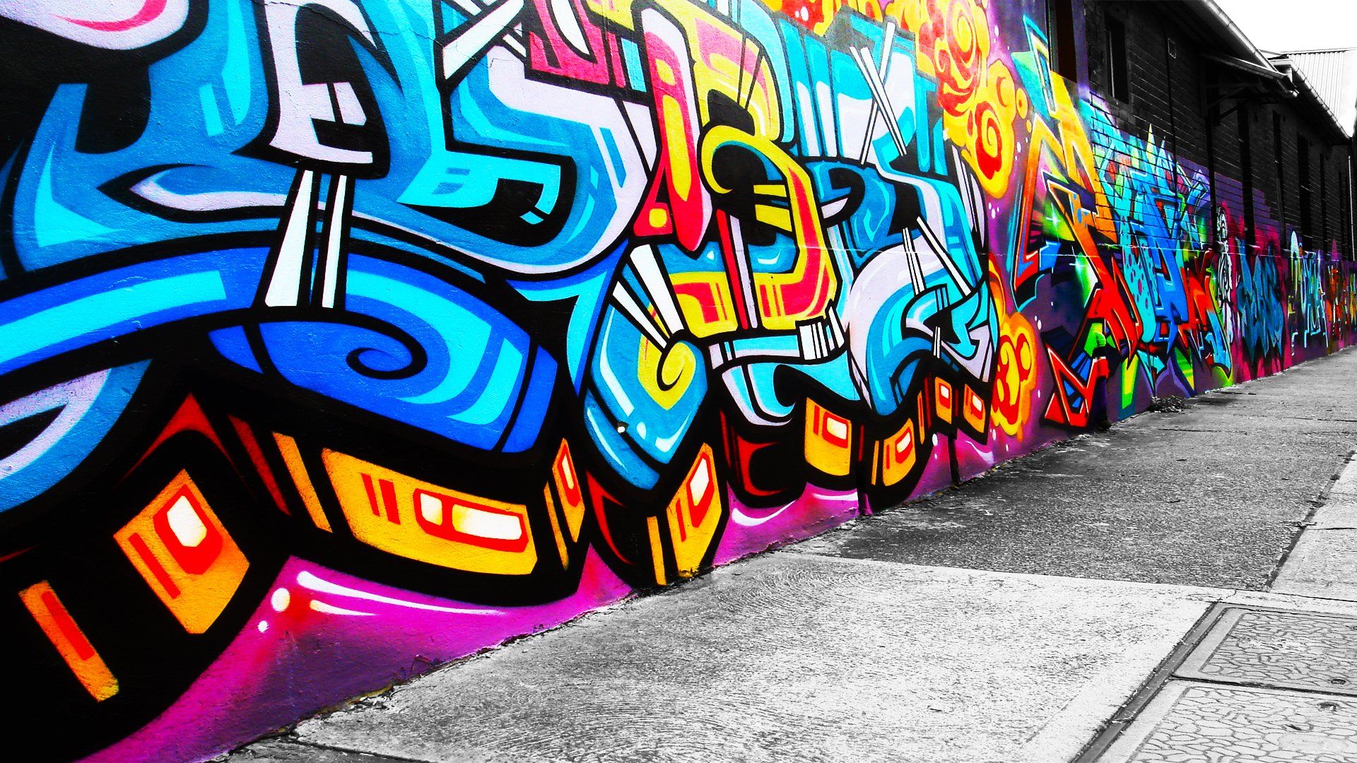 Wildstyle, Lange Wand, Bunt, Blau, Gehweg, Full HD 1080p, Desktop-Hintergrundbild
