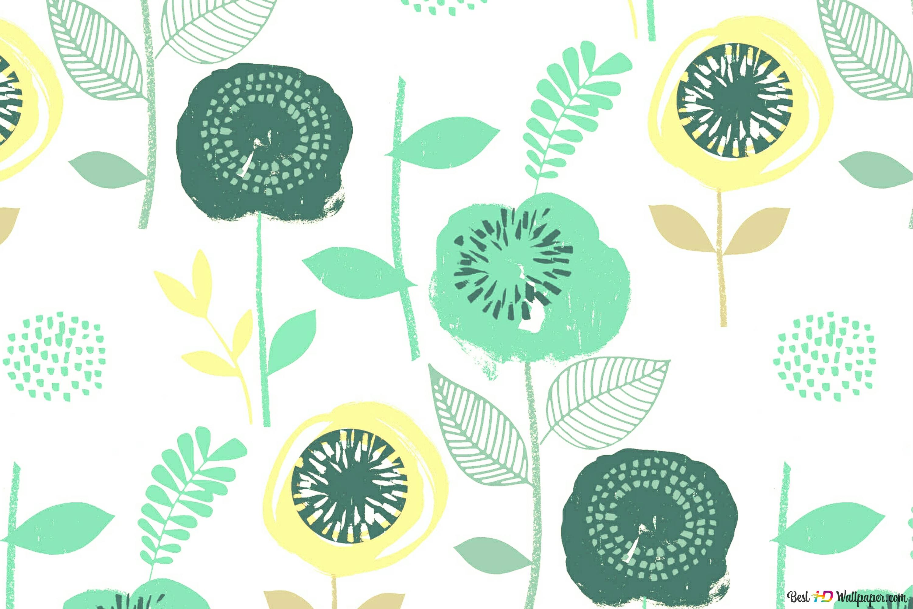Blumenmuster, Skandinavisch, Mintgrün, Gelb, Illustration, 2K, Laptop-Hintergrundbild