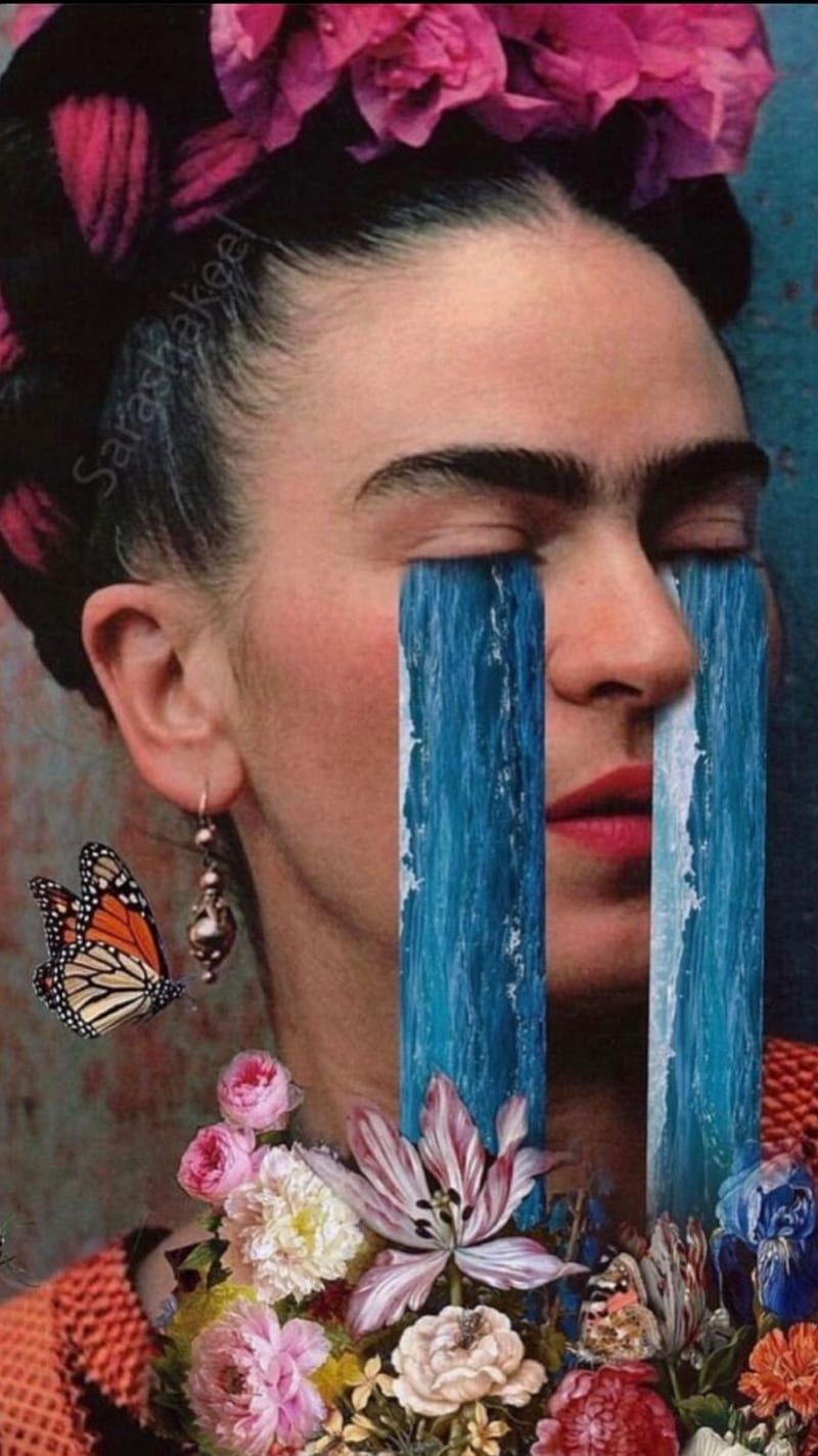 Frida Kahlo, Collage, Blaue Farbstreifen, Blumen, Surreal, HD, Handy-Hintergrundbild
