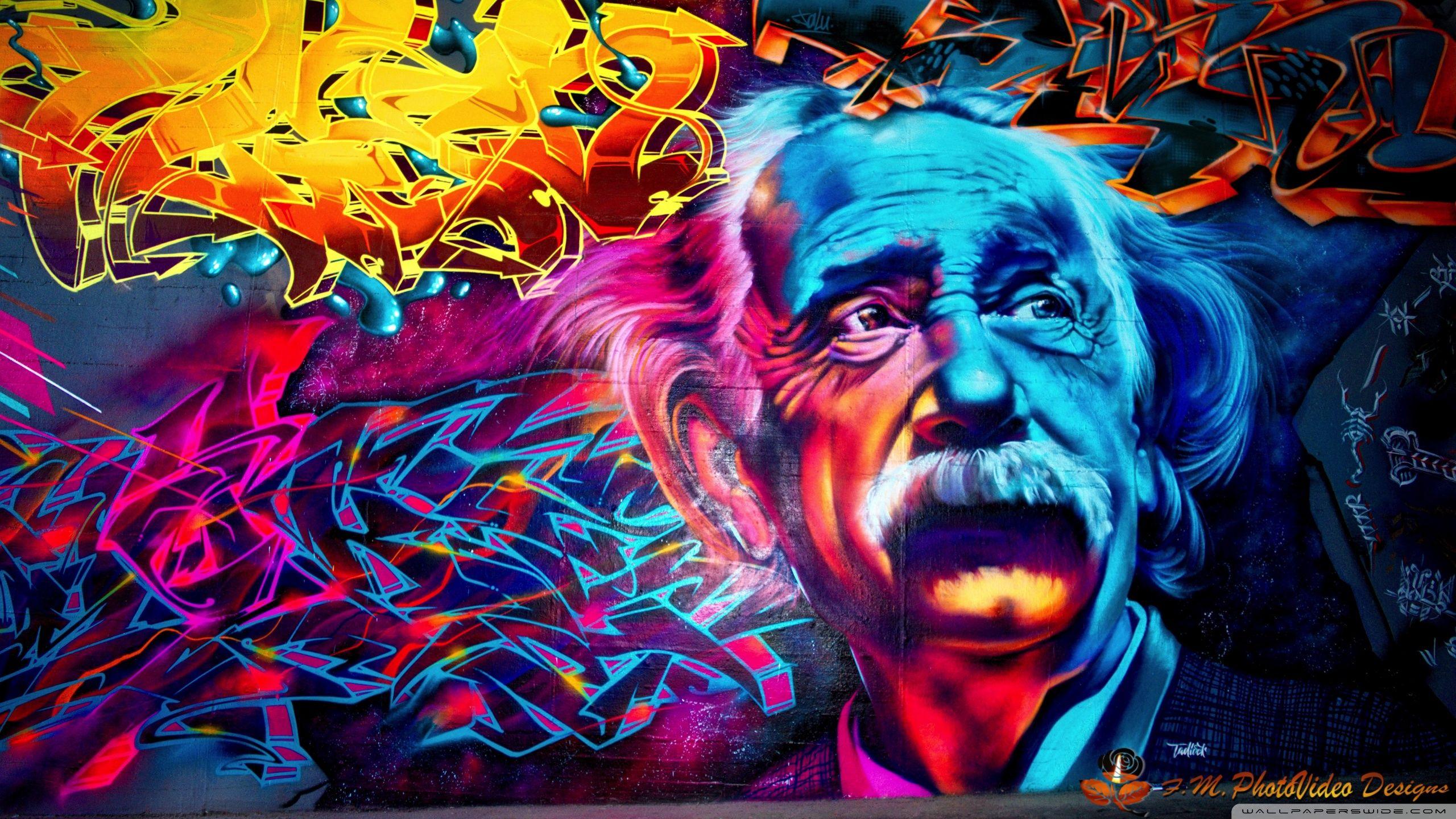 Albert Einstein, Porträt, Bunt, Wandmalerei, Streetart, 2K 1440p, Desktop-Hintergrundbild
