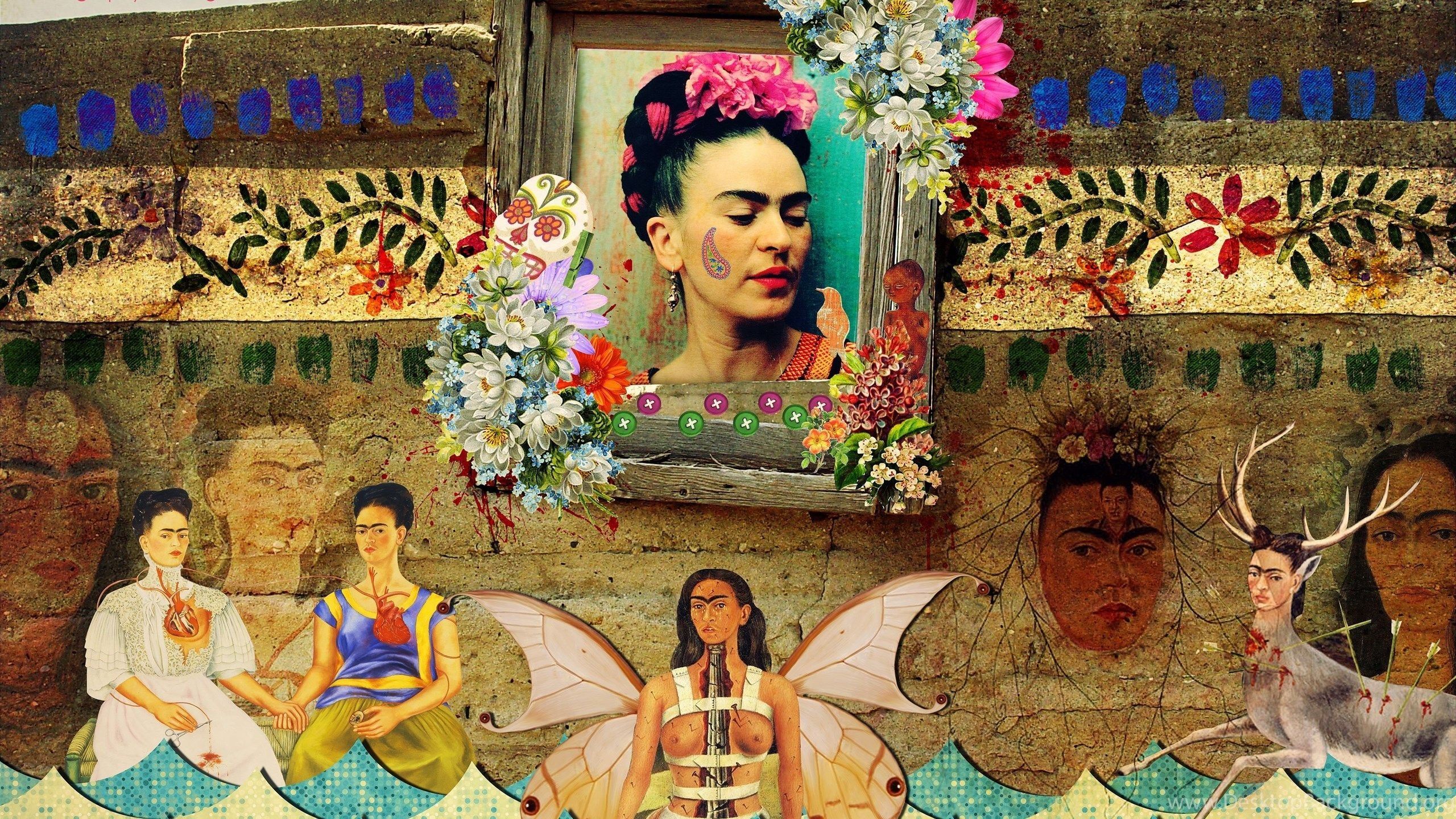 Frida Kahlo, Gemälde, Collage, Mexikanische Kunst, Blumen, Hirsch, 2K, Breitbild-Hintergrundbild