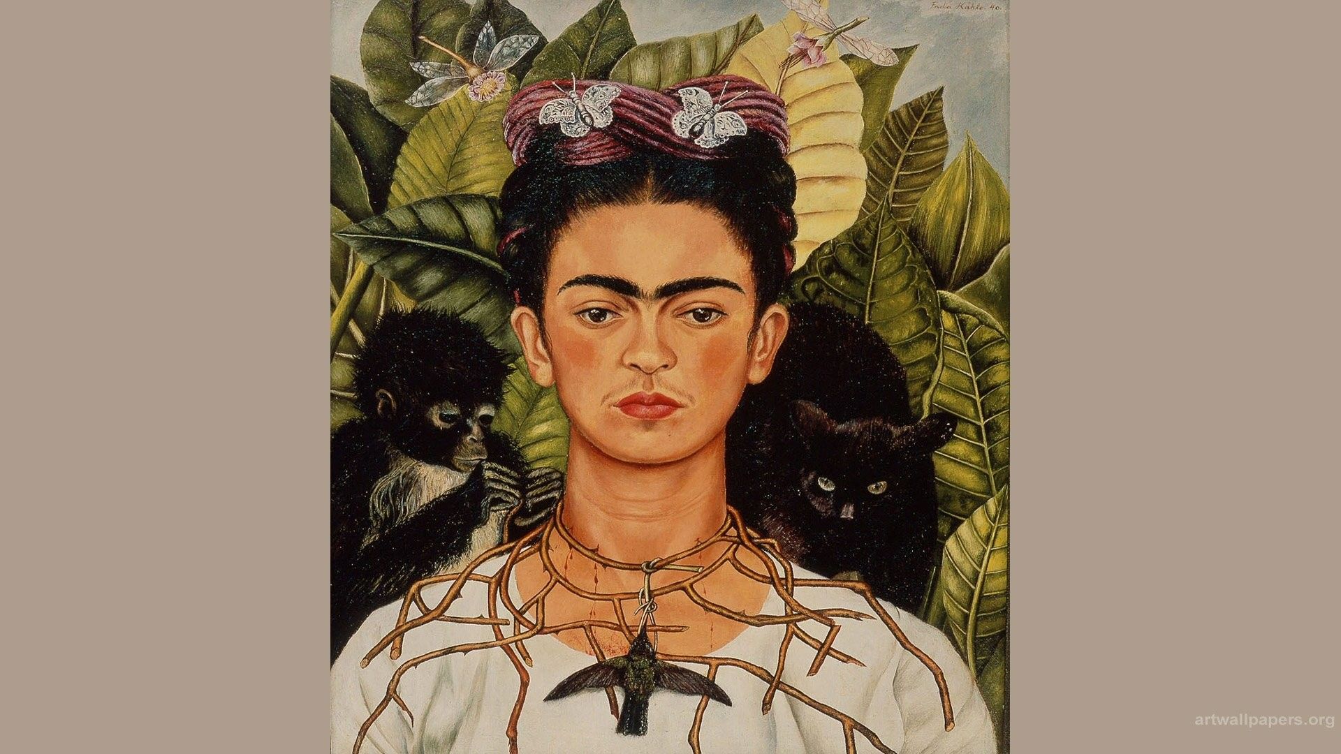 Selbstbildnis mit Dornenhalsband und Kolibri, Frida Kahlo, Gemälde, Affe, Katze, Blätter, Full-HD-Hintergrundbild